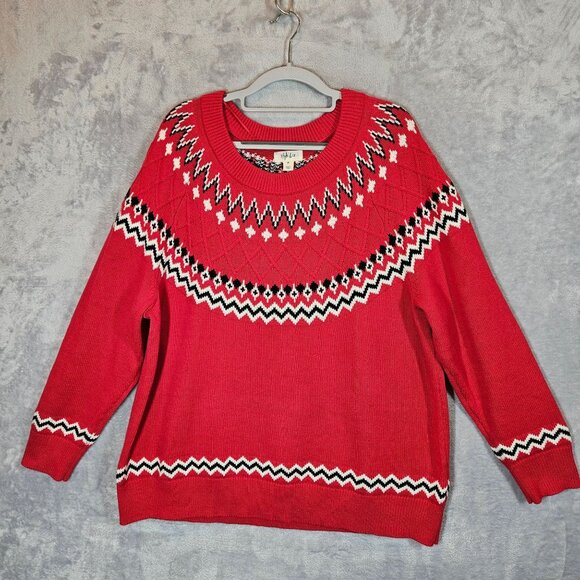 Style & Co Red Fair Isle Knit Sweater 2X Cotton Blend casual office Bold Party - Picture 1 of 12